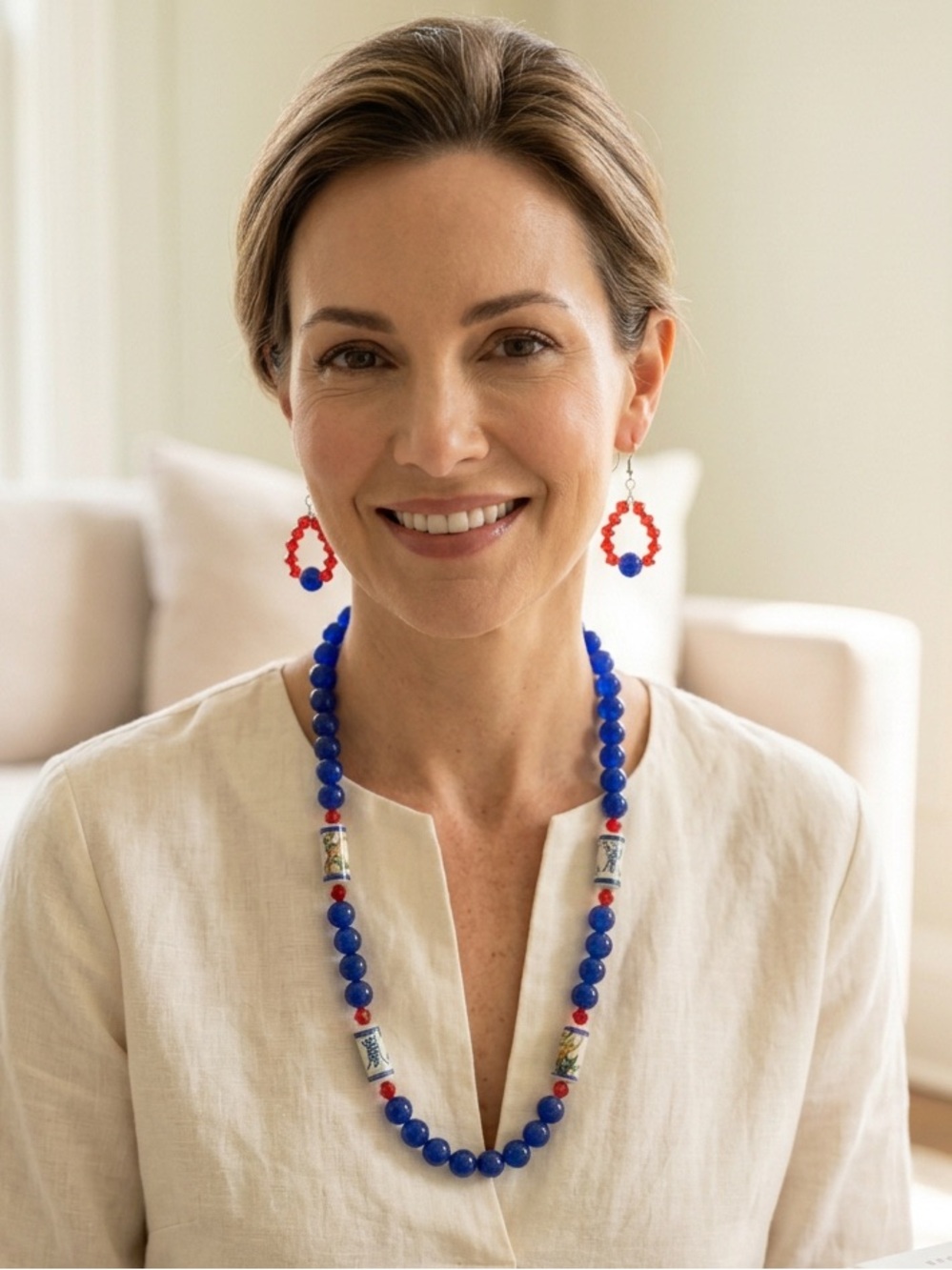 Handcrafted Blue Glass Beaded Necklace & Earrings with Red Crystal Accents - Picture 5 of 5
